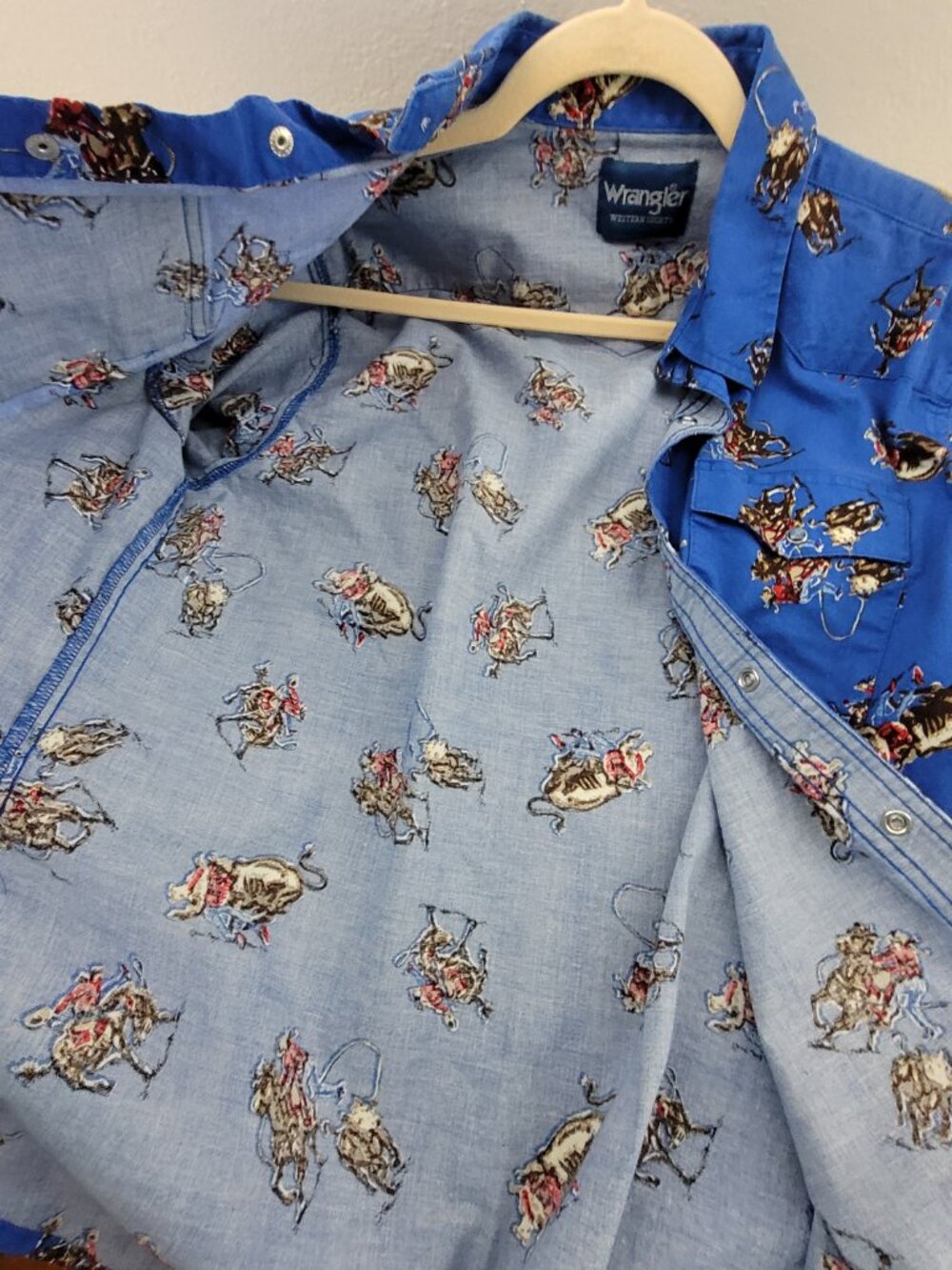 Vintage Wrangler Western Shirt Boys XL Blue Pearl Snap Cowboy Horse Roping Youth - Picture 6 of 16